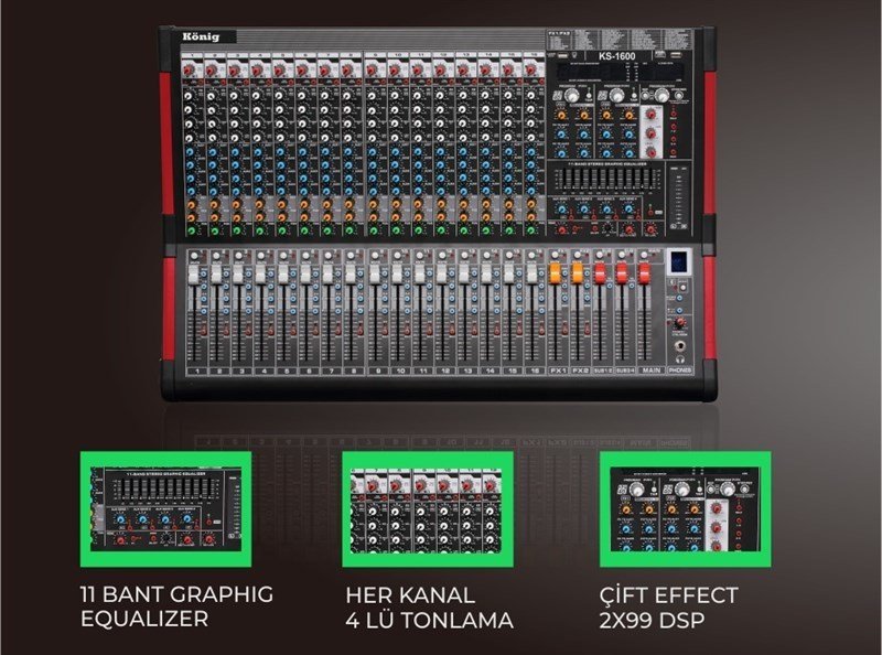 König KS-1600 16 Mono Kanal , Bluetooth USB/SD/DISK , 6 Aux ,Mp3 Recording Deck Mikser